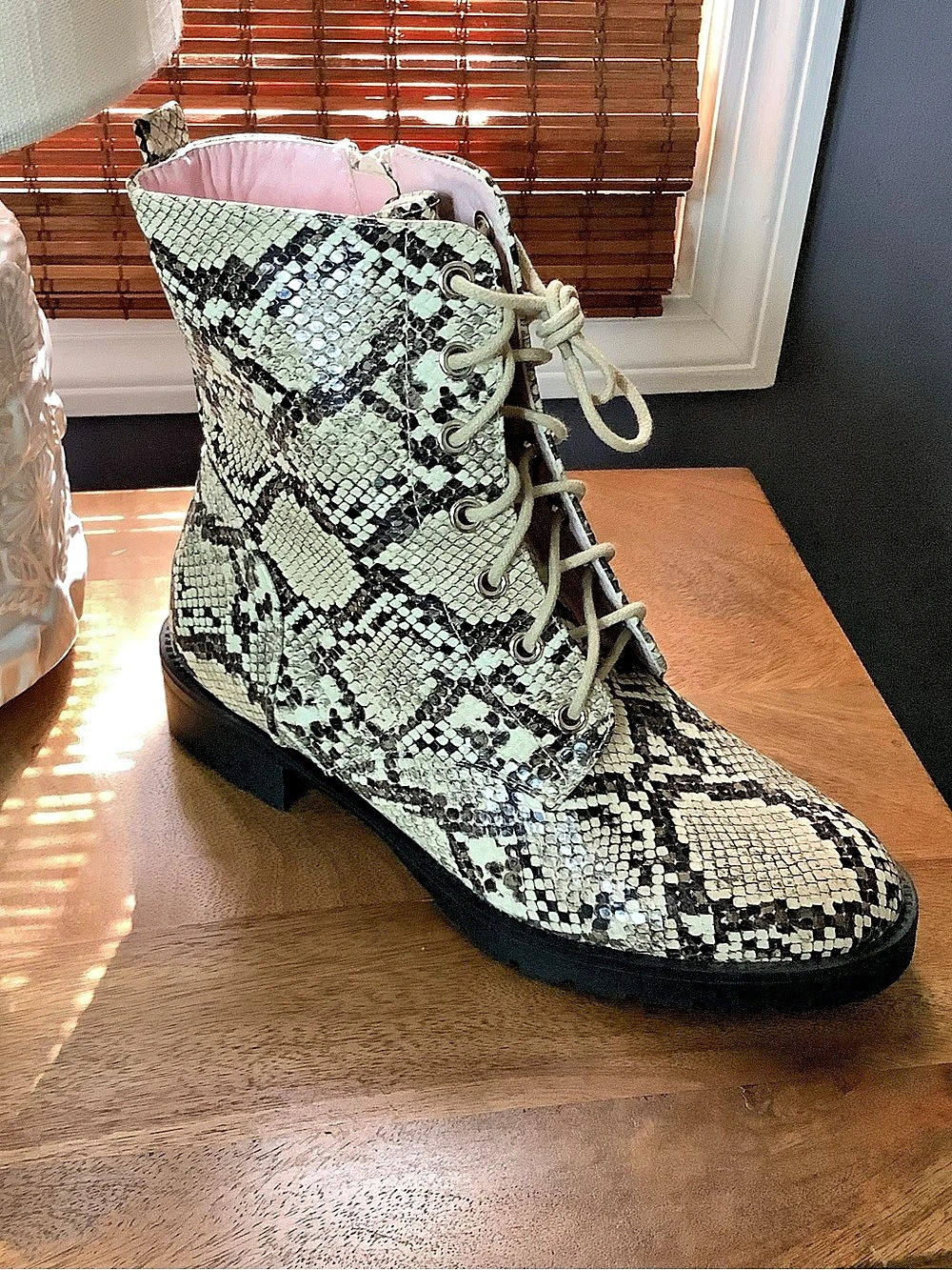 Coconuts Snakeskin Combat Boots Cream & Black